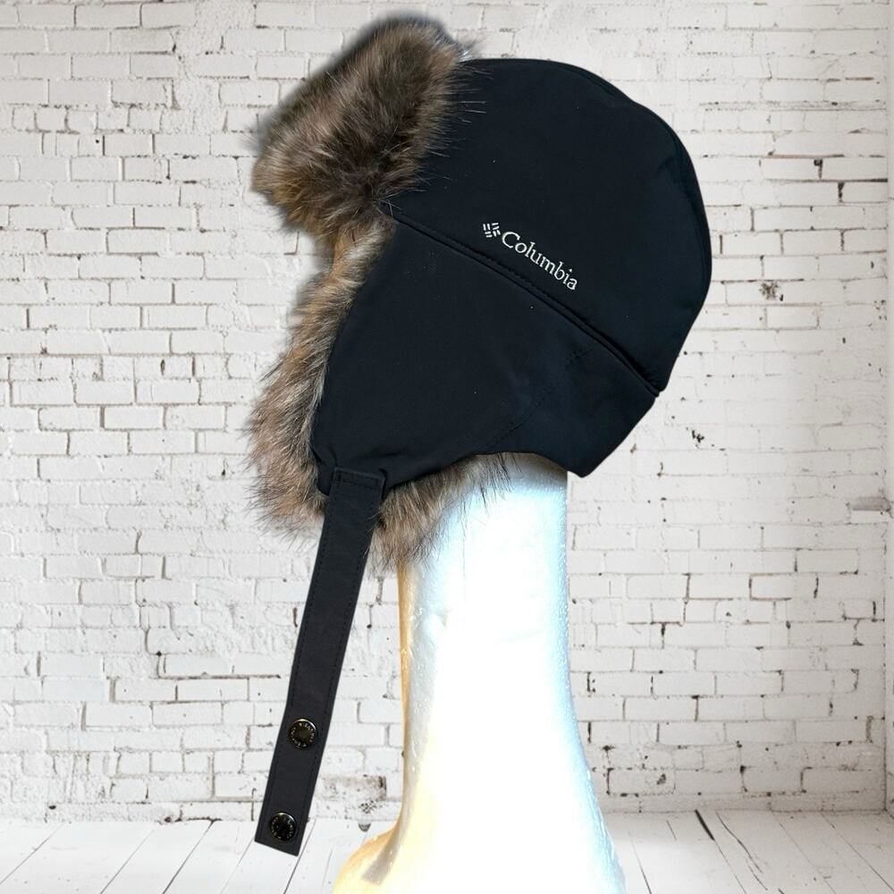 Columbia Trapper Faux Fur Hat Black‎ Unisex Sz S/M Ear Flaps Outdoor Hiking Warm
